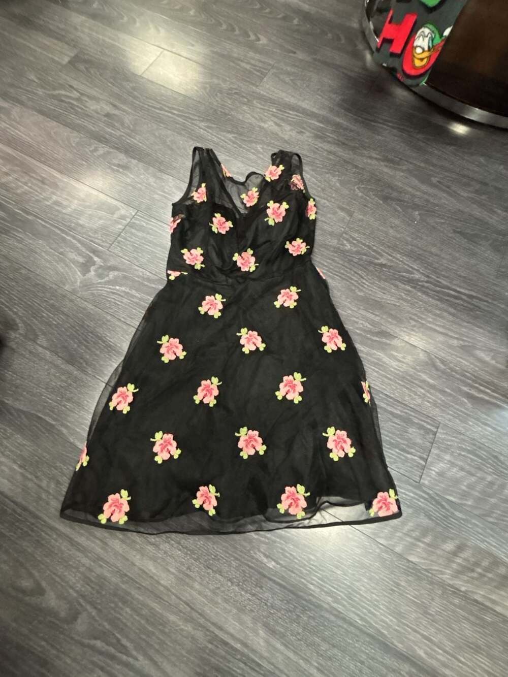 Minuet Women's A Line Floral Dress with Scoop Sheer Neckline, Black, Small